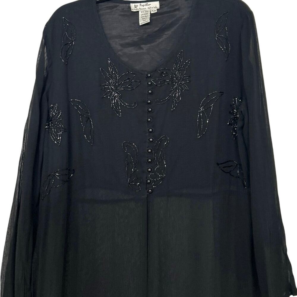 Y2K Sheer Black Beaded Duster Maxi Dress M Whimsigoth Indie Witchy Goth Overlay